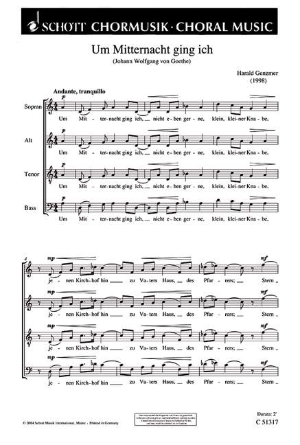 Um Mitternacht ging ich GeWV 44  für gemischten Chor  Chorpartitur