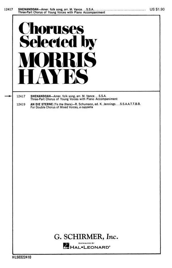 SHENANDOAH FOR FEMALE&nbsp;&nbsp;CHORUS AND PIANO,  SCORE&nbsp;&nbsp;VANCE, M., ARR.