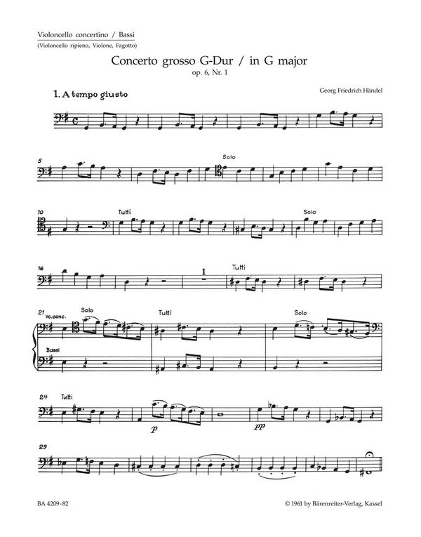 Concerto grosso G-Dur op.6,1&nbsp;&nbsp;HWV319 für Orchester&nbsp;&nbsp;Cello/Bass (solo und ripieno)