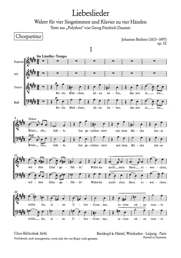 Liebeslieder-Walzer op.52&nbsp;&nbsp;für 4 Singstimmen und Klavier zu 4 Händen&nbsp;&nbsp;Chorpartitur