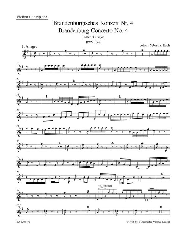 Brandenburgisches Konzert G-Dur Nr.4&nbsp;&nbsp;BWV1049 für Orchester&nbsp;&nbsp;Violine 2 (Ripieno)