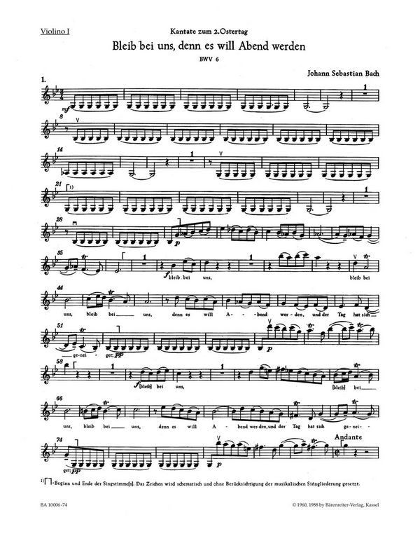 Bleib bei uns denn es will Abend werden&nbsp;&nbsp;Kantate Nr.6 BWV6&nbsp;&nbsp;Violine 1