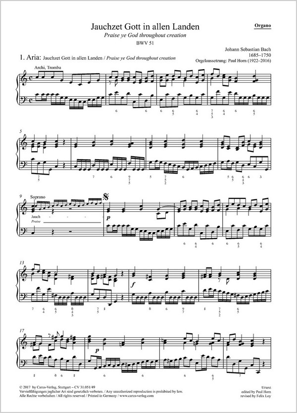 Jauchzet Gott in allen Landen&nbsp;&nbsp;Kantate Nr.51 BWV51&nbsp;&nbsp;Orgel