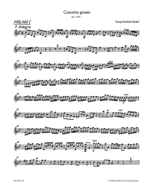 Concerto grosso B-Dur op.3,1&nbsp;&nbsp;für Orchester&nbsp;&nbsp;Violine 1