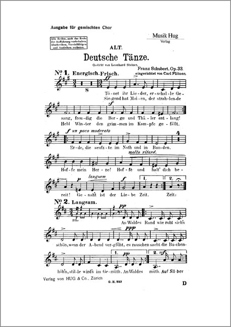 Deutsche Tänze op.33&nbsp;&nbsp;für gem Chor und Klavier&nbsp;&nbsp;Chorstimme Alt