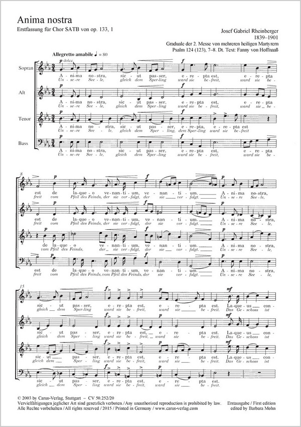 Anima nostra Es-Dur aus op.133,1: für gem Chor&nbsp;&nbsp;a cappella, Singpartitur&nbsp;&nbsp;Mohn, Barbara, Ed