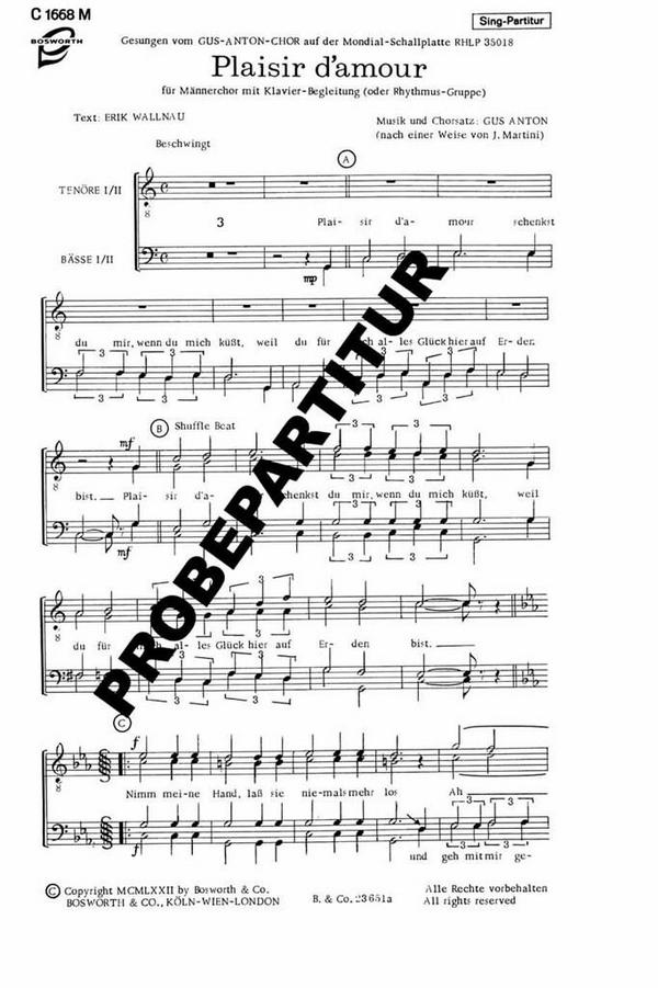 Plaisir d'amour  für Männerchor und Klavier  Chorpartitur