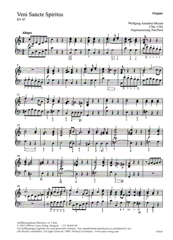 Veni sancte spiritus KV47&nbsp;&nbsp;für Soli, gem Chor und Orchester&nbsp;&nbsp;Orgel