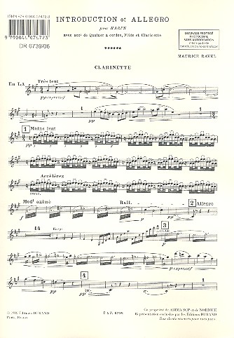 Introduction et Allegro pour&nbsp;&nbsp;harpe, quatuor a cordes, flute&nbsp;&nbsp;et clarinette, partie de clarinette