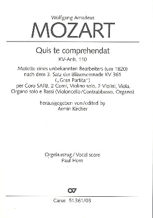 Quis te comprehendat KVAnh110 für&nbsp;&nbsp;gem Chor, Instrumente und Bc&nbsp;&nbsp;Klavierauszug