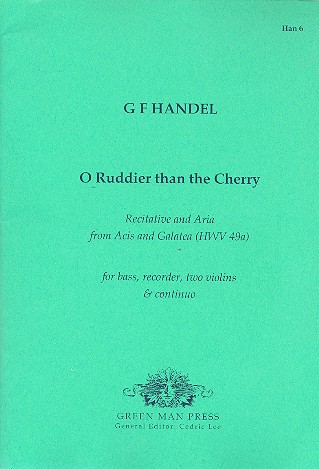 O Ruddier than the cherry for bass,&nbsp;&nbsp;recorder, 2 violins and bc,  parts&nbsp;&nbsp;Recitative and aria