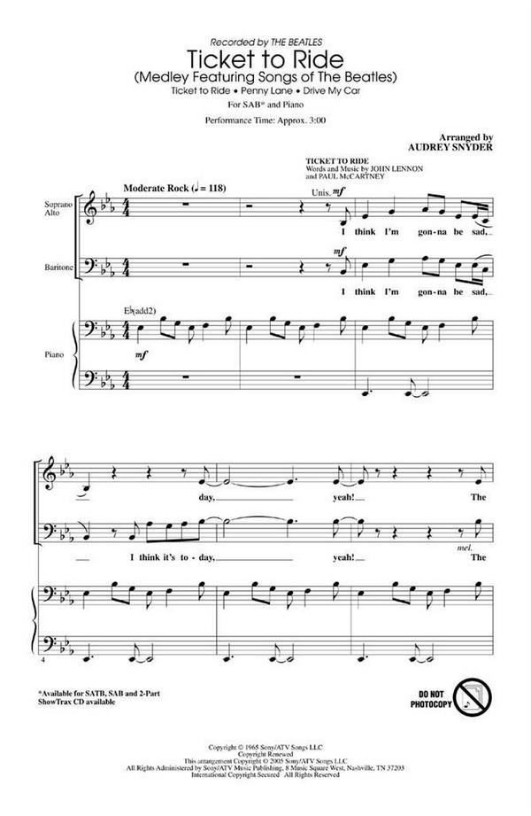 Ticket to Ride Medley for&nbsp;&nbsp;mixed chorus (SAB) and piano,  score&nbsp;&nbsp;