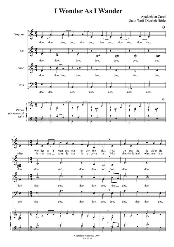 I wonder as I wander für&nbsp;&nbsp;gem Chor  a cappella&nbsp;&nbsp;Partitur (Klavierbegleitung zur Probe)