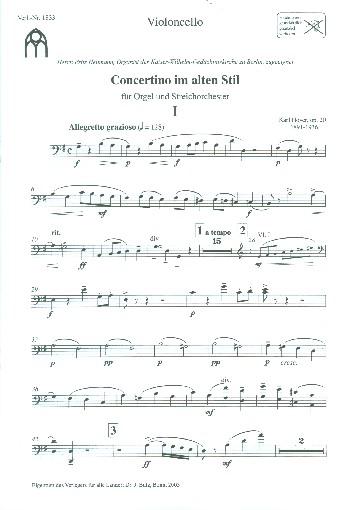 Concertino im alten Stil G-Dur op.20  für Orgel und Streichorchester  Violoncello