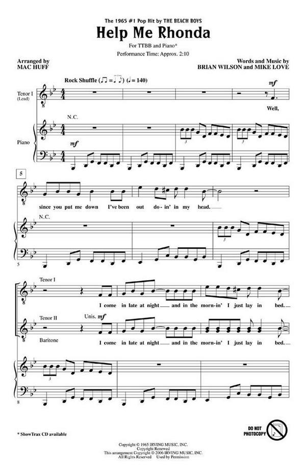 Help Me Rhonda for male chorus (TTBB)  and piano  score