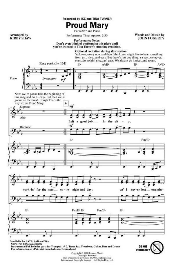 Proud Mary for mixed chorus&nbsp;&nbsp;(SAB) and piano,  score&nbsp;&nbsp;
