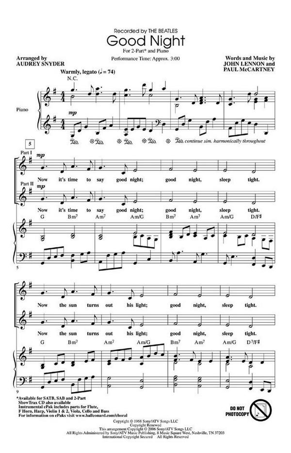 Good Night for 2-part chorus&nbsp;&nbsp;and piano,  score&nbsp;&nbsp;