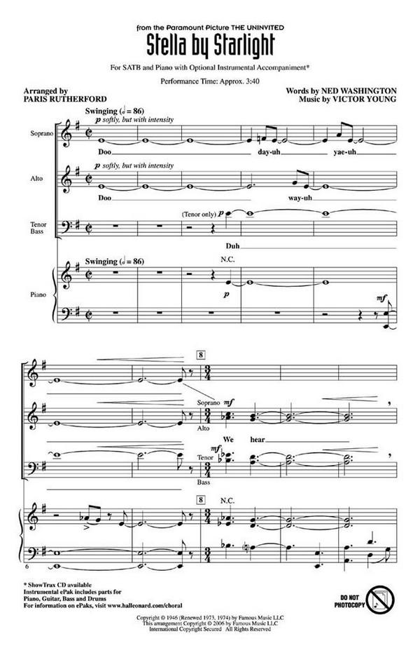 Stella by Starlight for mixed chorus&nbsp;&nbsp;(SATB) and piano,  score&nbsp;&nbsp;