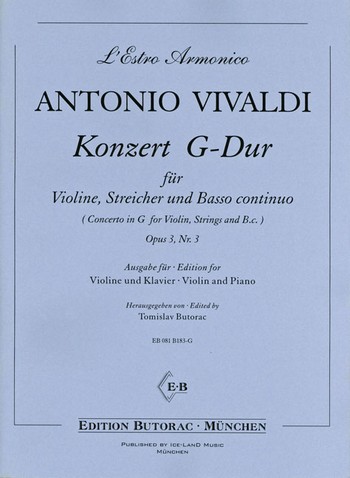 Konzert G-Dur op.3,3 für Violine,&nbsp;&nbsp;Streicher und Bc für Violine und Klavier&nbsp;&nbsp;
