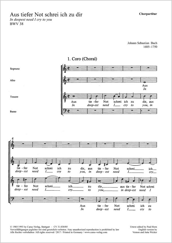 Aus tiefer Not schrei ich zu dir&nbsp;&nbsp;Kantat Nr.38 BWV38&nbsp;&nbsp;Chorpartitur