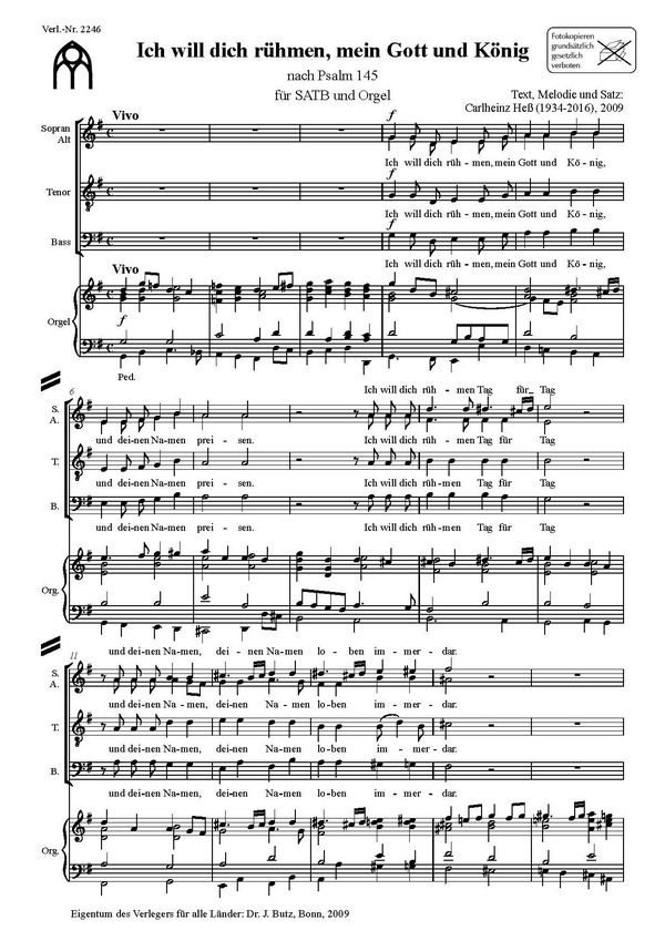 Ich will dich rühmen mein Gott und König&nbsp;&nbsp;für gem Chor und Orgel&nbsp;&nbsp;Partitur