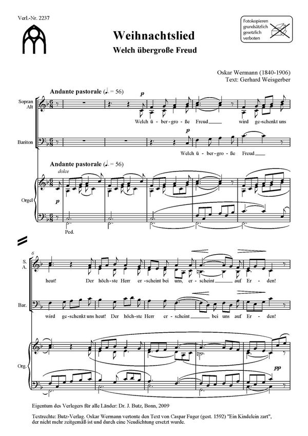 Welch übergrosse Freud  für gem Chor (SABar) und Orgel  Partitur (dt)