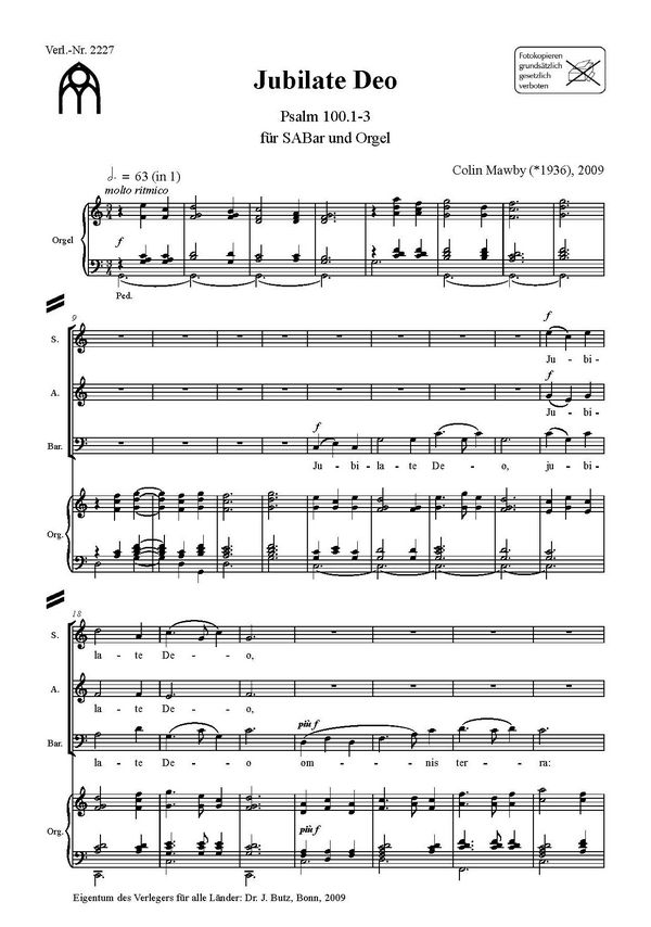 Jubilate Deo  für gem Chor (SABar) und Orgel  Partitur (lat)