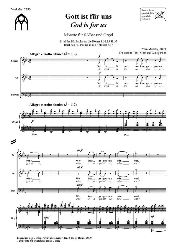 Gott ist für uns  für gem Chor (SABar) und Orgel  Partitur (dt/en)
