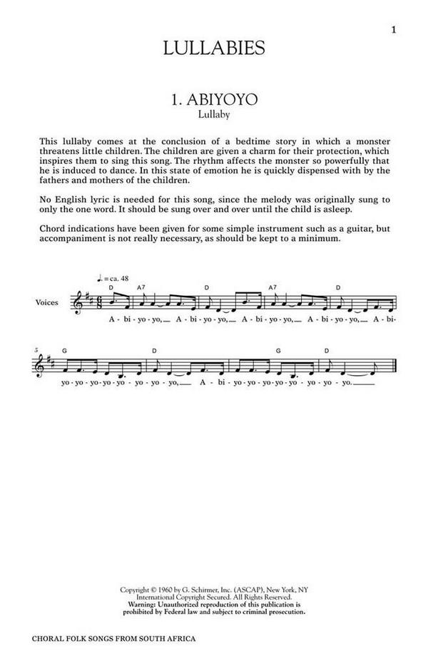 Choral Folk Songs from South Africa&nbsp;&nbsp;for mixed chorus a cappella&nbsp;&nbsp;score (piano fro rehearsal only)