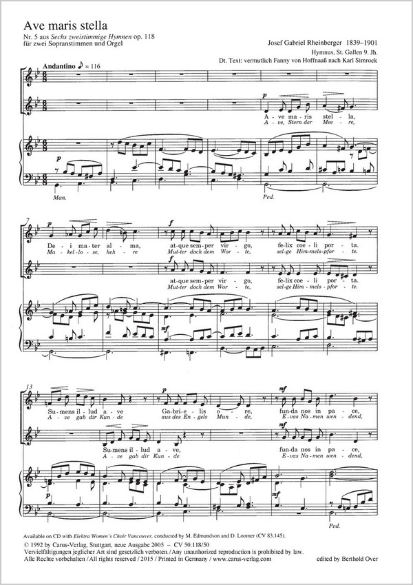 Ave maris stella op.118,5 für 2 Sopranstimmen&nbsp;&nbsp;und Orgel&nbsp;&nbsp;(dt/la)