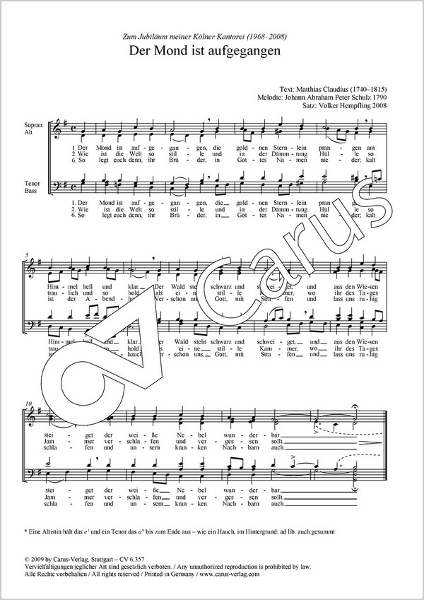 Der Mond ist aufgegangen für gem Chor/&nbsp;&nbsp;Frauenchor/Männerchor a cappella&nbsp;&nbsp;Partitur