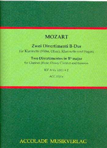 2 Divertimenti KV229,1+2  für 2 Klarinetten und Fagott (Flöte, Klarinette, Fagott)  Partitur und Stimmen