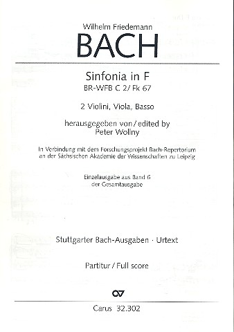 Sinfonia F-Dur BRWFBC2/FK67&nbsp;&nbsp;für 2 Violinen, Viola und Bc&nbsp;&nbsp;Partitur (Bc nicht ausgesetzt)
