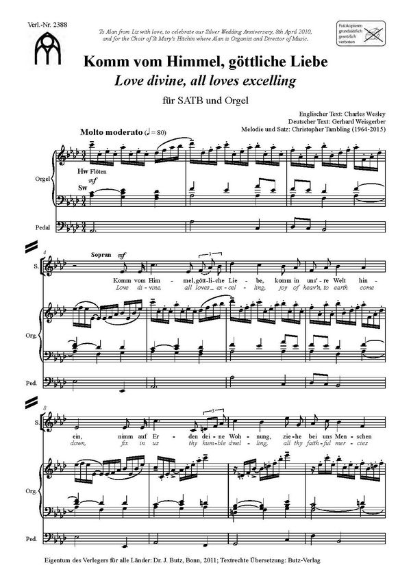 Komm vom Himmel göttliche Liebe&nbsp;&nbsp;für gem Chor und Orgel&nbsp;&nbsp;Partitur (dt/en)