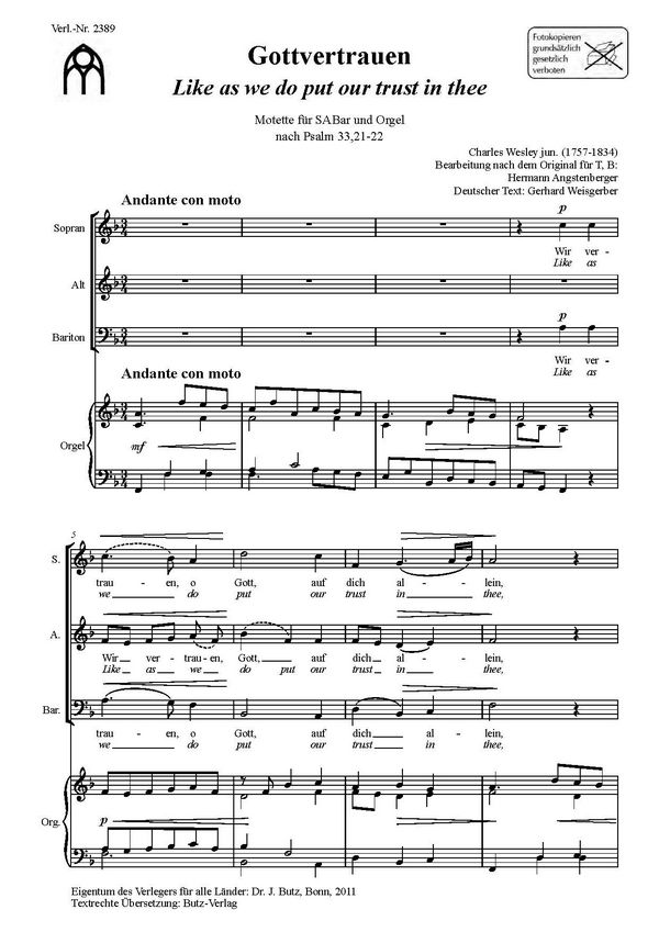 Gottvertrauen  für gem Chor (SABar) und Orgel  Partitur (dt/en)