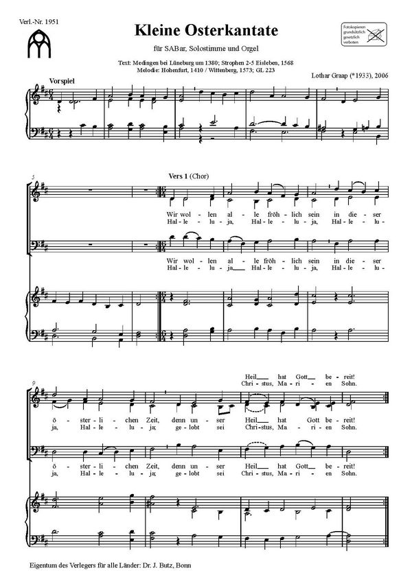 Kleine Osterkantate&nbsp;&nbsp;für Soli, gem Chor und Orgel&nbsp;&nbsp;Partitur