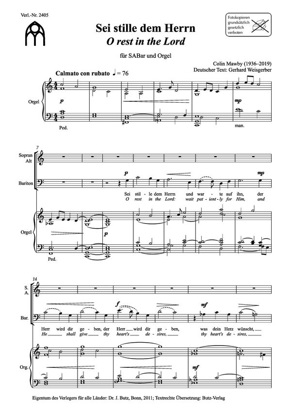 Sei stille dem Herrn&nbsp;&nbsp;für gem Chor (SABar) und Orgel&nbsp;&nbsp;Partitur (dt/en)
