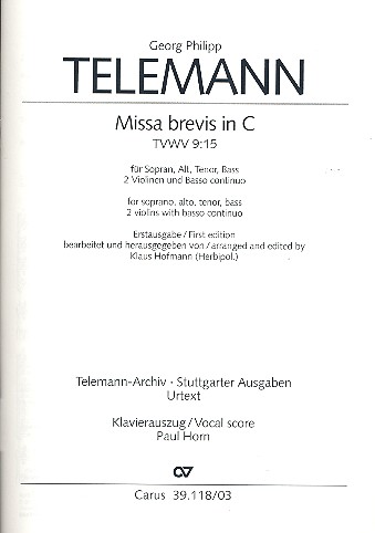 Missa brevis C-Dur TVWV9:15 für&nbsp;&nbsp;gem Chor, 2 Violinen und Bc&nbsp;&nbsp;Klavierauszug (la)