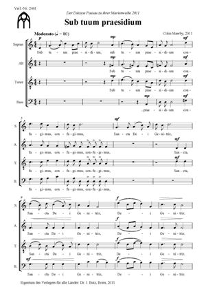 Sub tuum praesidium&nbsp;&nbsp;für gem Chor a cappella&nbsp;&nbsp;Partitur