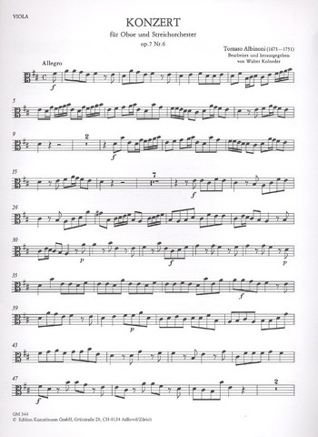 Concerto D-Dur op.7,6&nbsp;&nbsp;für Oboe und Streichorchester&nbsp;&nbsp;Viola