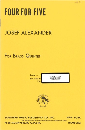 Four for Five&nbsp;&nbsp;for 2 trumpets, 2 horns in F (trombone in place of horn 2) and&nbsp;&nbsp;trombone (tuba),  study score