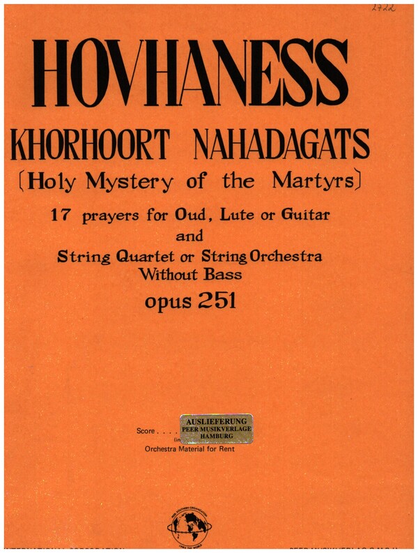 Khorhoort Nahadagats op.251&nbsp;&nbsp;for oud (lute, guitar) and string quartet (string orchestra)&nbsp;&nbsp;score