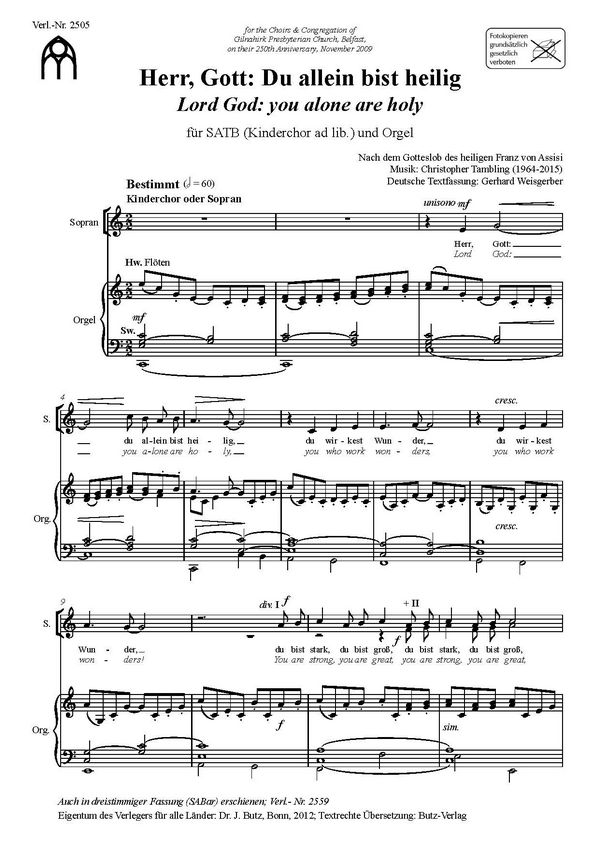 Herr Gott du allein bist heilig&nbsp;&nbsp;für gem Chor und Orgel (Kinderchor ad lib)&nbsp;&nbsp;Partitur (dt/en)