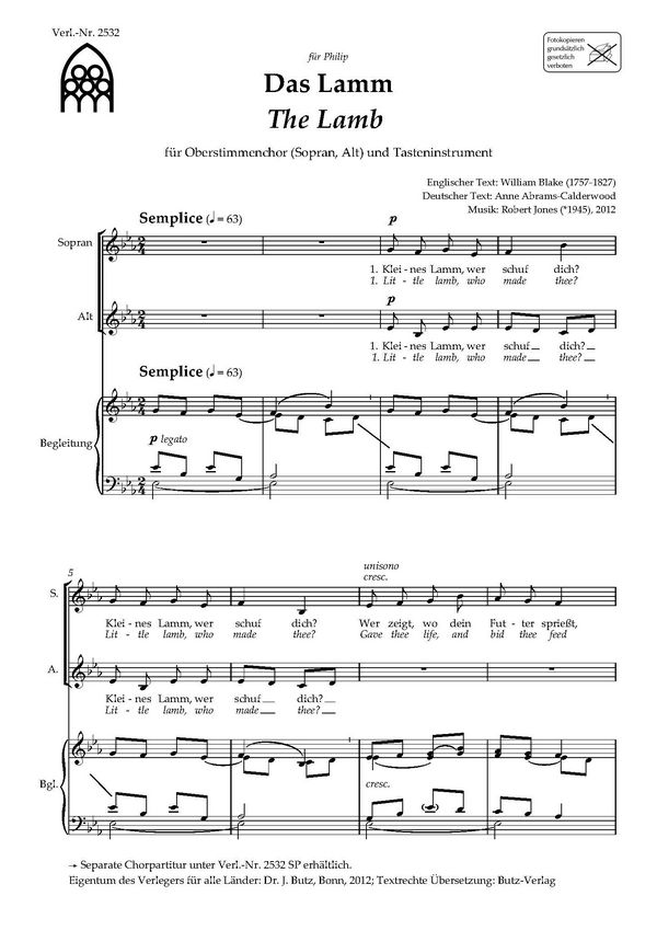 Das Lamm&nbsp;&nbsp;für Frauenchor (Kinderchor) und Orgel (Klavier)&nbsp;&nbsp;Partitur (dt/en)