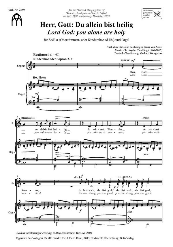 Herr, Gott: Du allein bist heilig&nbsp;&nbsp;für gem Chor (SABar) und Orgel (Oberstimmen- oder Kinderchor ad lib.)&nbsp;&nbsp;Partitur (dt/en)