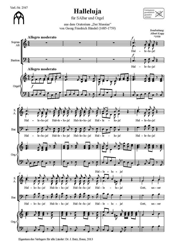 Halleluja&nbsp;&nbsp;für gem Chor (SABar) und Orgel&nbsp;&nbsp;Partitur