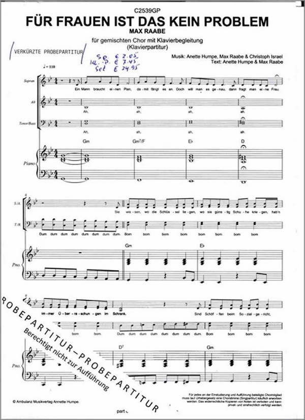 Für Frauen ist das kein Problem  für gem Chor und Klavier  Partitur