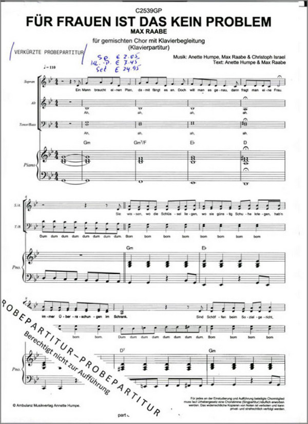 C2539G1 Für Frauen ist das kein Problem  für gem Chor und Klavier  Chorpartitur