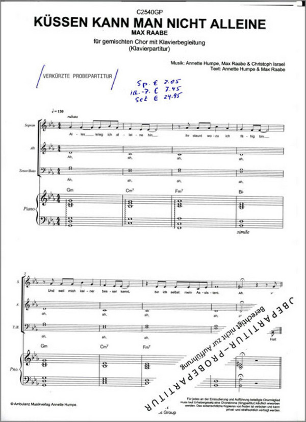 Küssen kann man nicht alleine&nbsp;&nbsp;für gem Chor und Klavier&nbsp;&nbsp;Chorpartitur