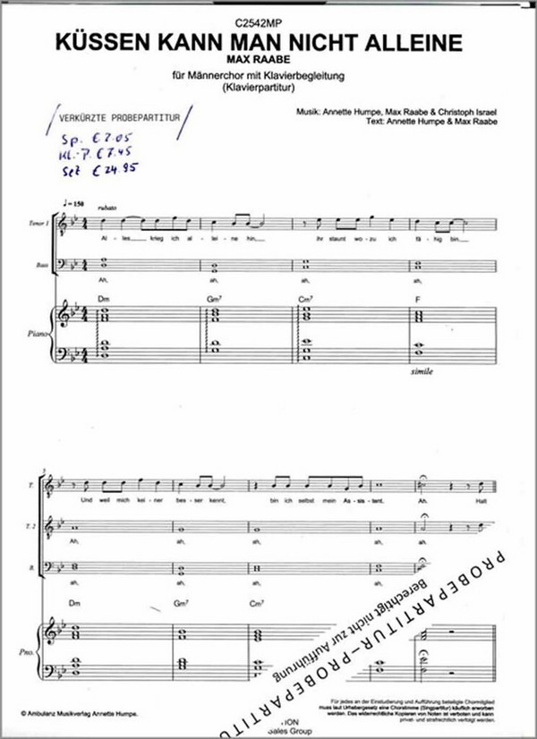 C2542MP Küssen kann man nicht alleine  für Männerchor und Klavier  Partitur